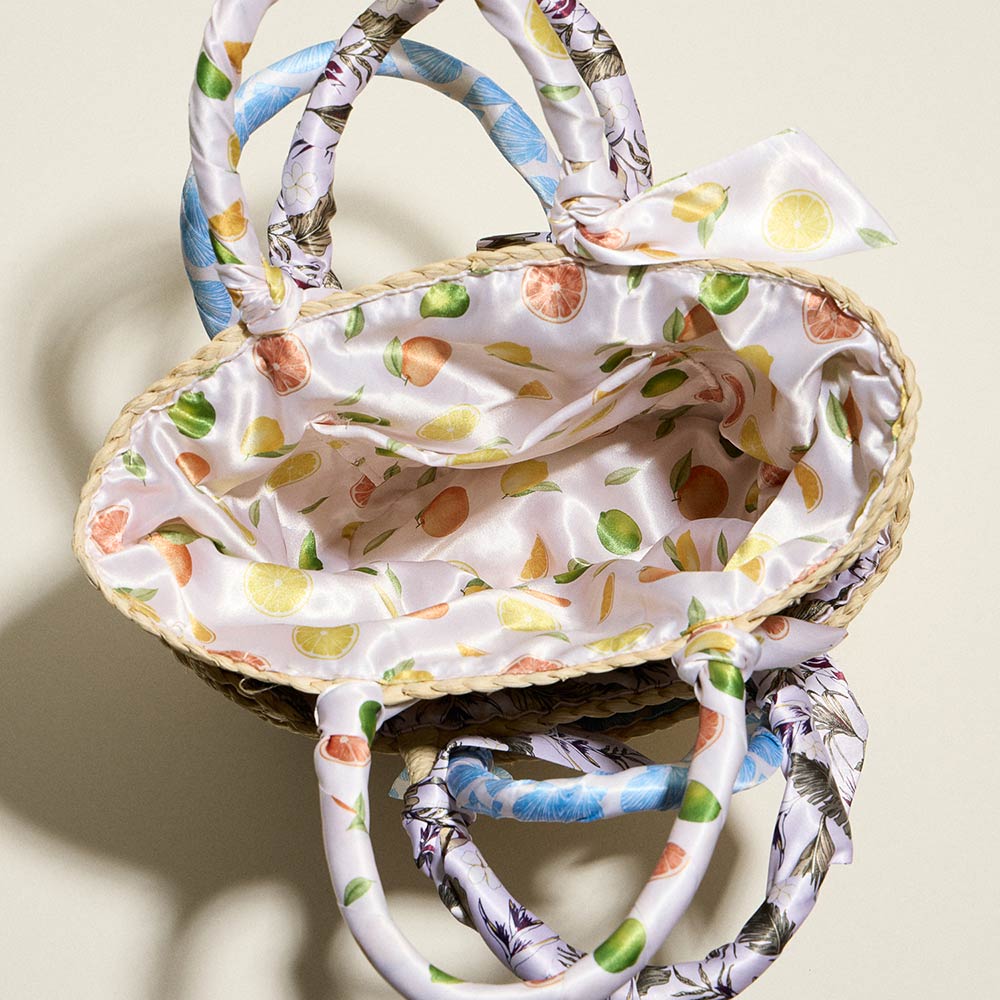 Fruit Print Fabric Scarf Wrapped Handle Raffia Tote Bag