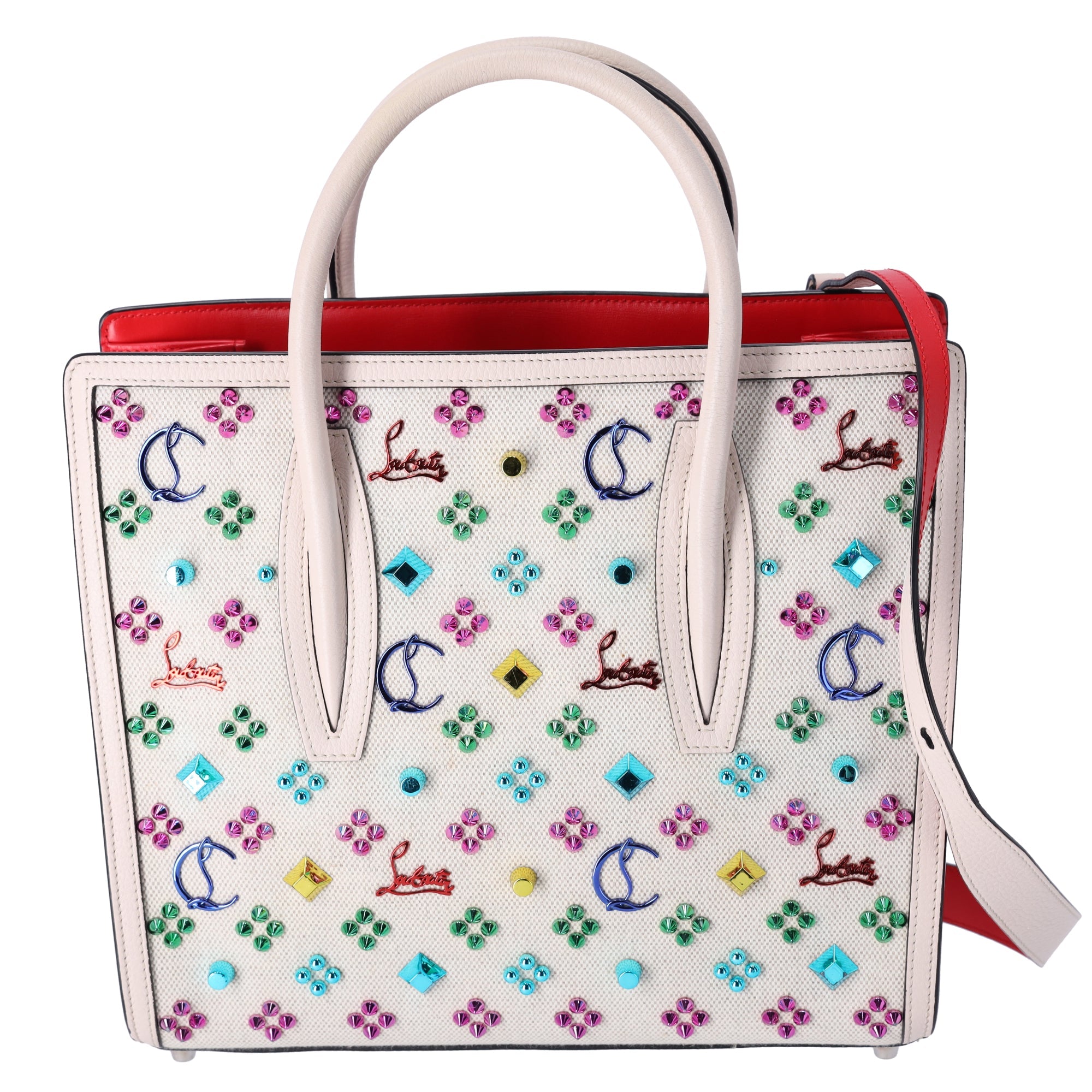 Christian Louboutin Loubinthesky Medium Paloma Satchel Canvas Spikes Ivory