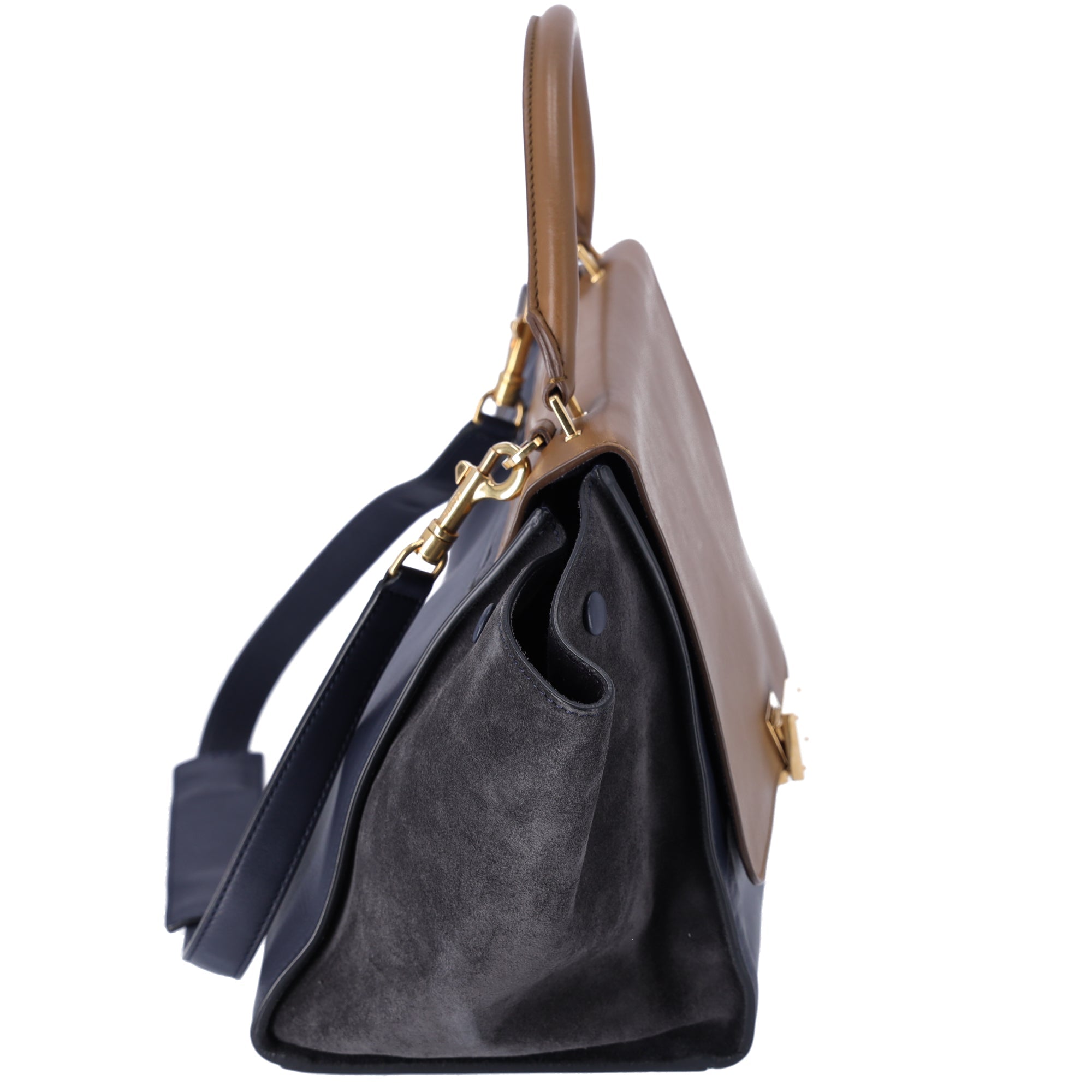 Celine Trapeze Medium Handbag Light Brown Dark Navy Leather Suede