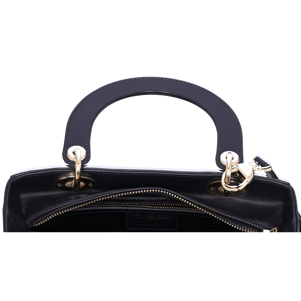 Christian Dior Lady Dior Medium Bag Handbag Black Blue Calf Skin