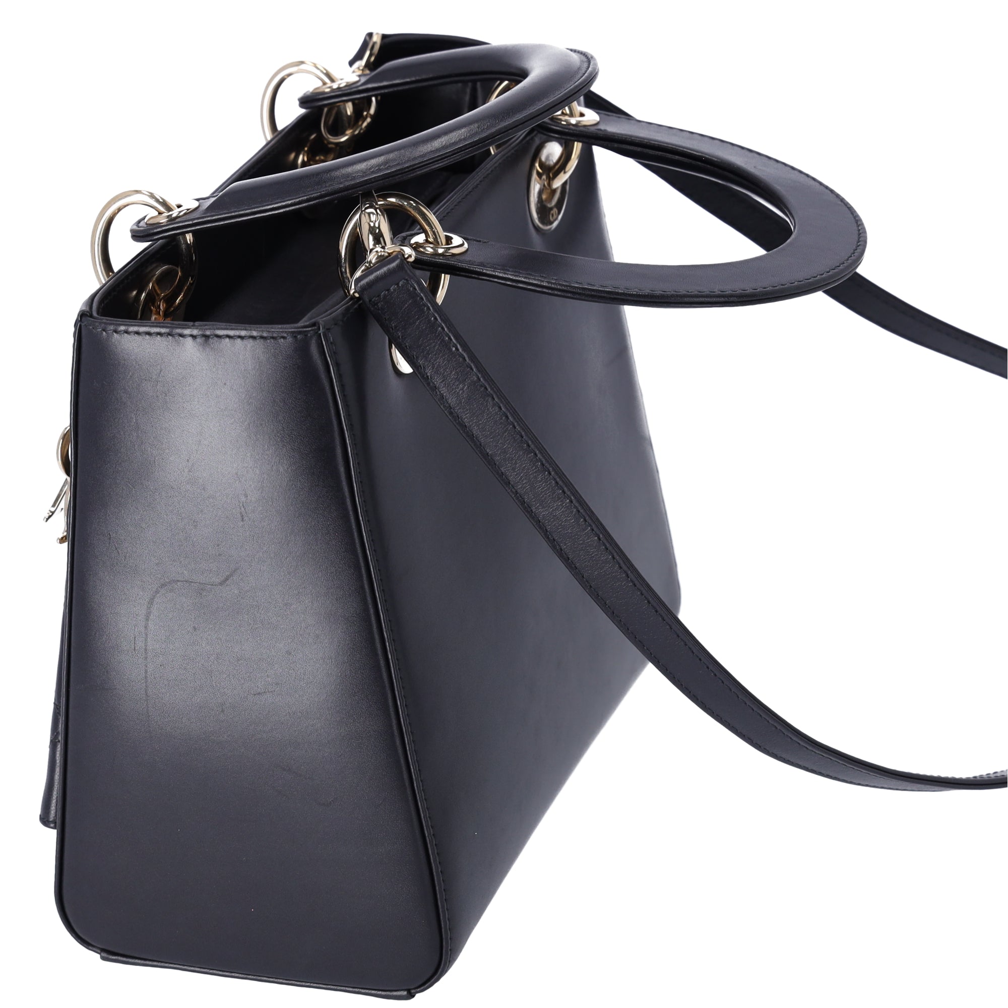 Christian Dior Lady Dior Medium Bag Handbag Black Blue Calf Skin