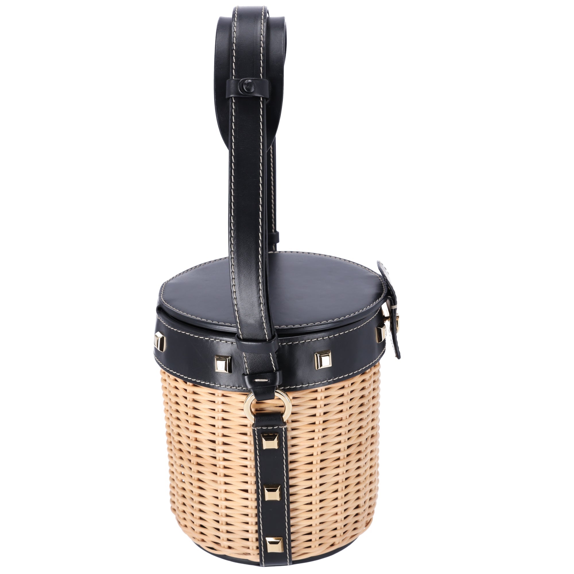 Salvatore Ferragamo Gancini Drawstring Bucket Bag Wicker Studded Leather + Pouch