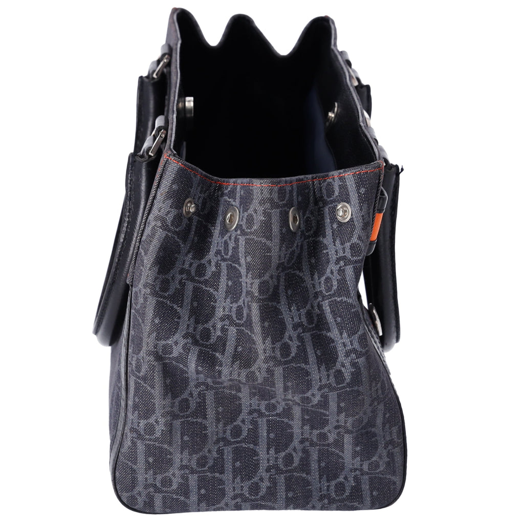 Christian Dior Flight Handbag Dark Gray Orange Multi Denim Leather