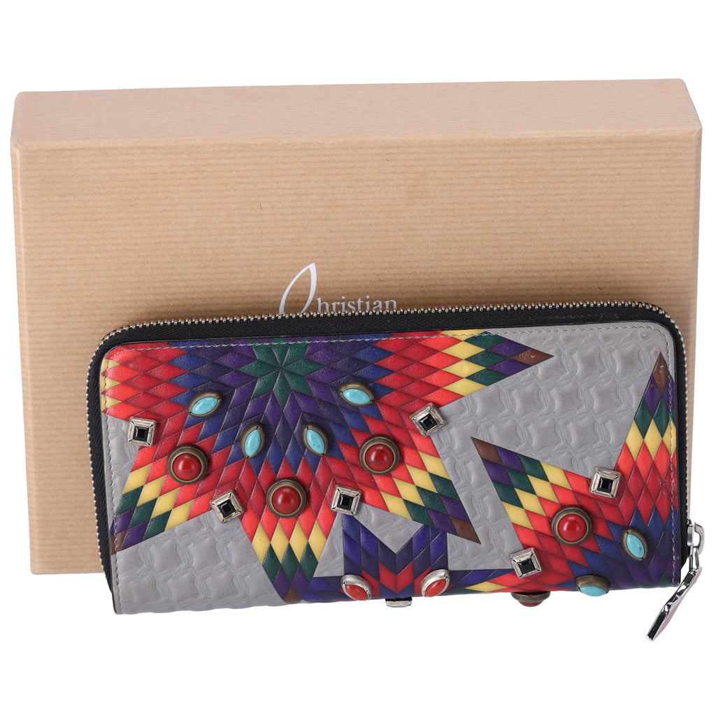 Christian Louboutin Panettone Long Wallet Gray Red Multi Leather Beaded