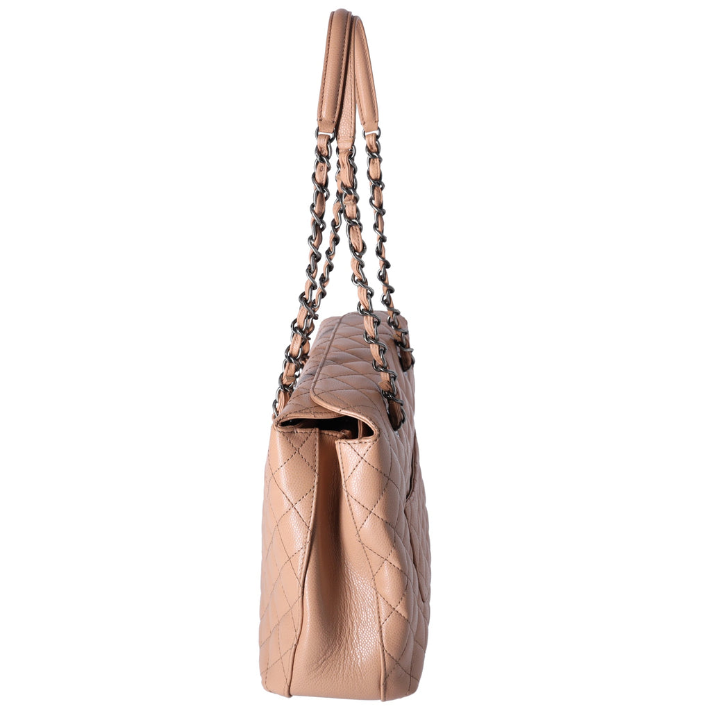 CHANEL Large City Shopping Tote Quilted Caviar Leather Beige
