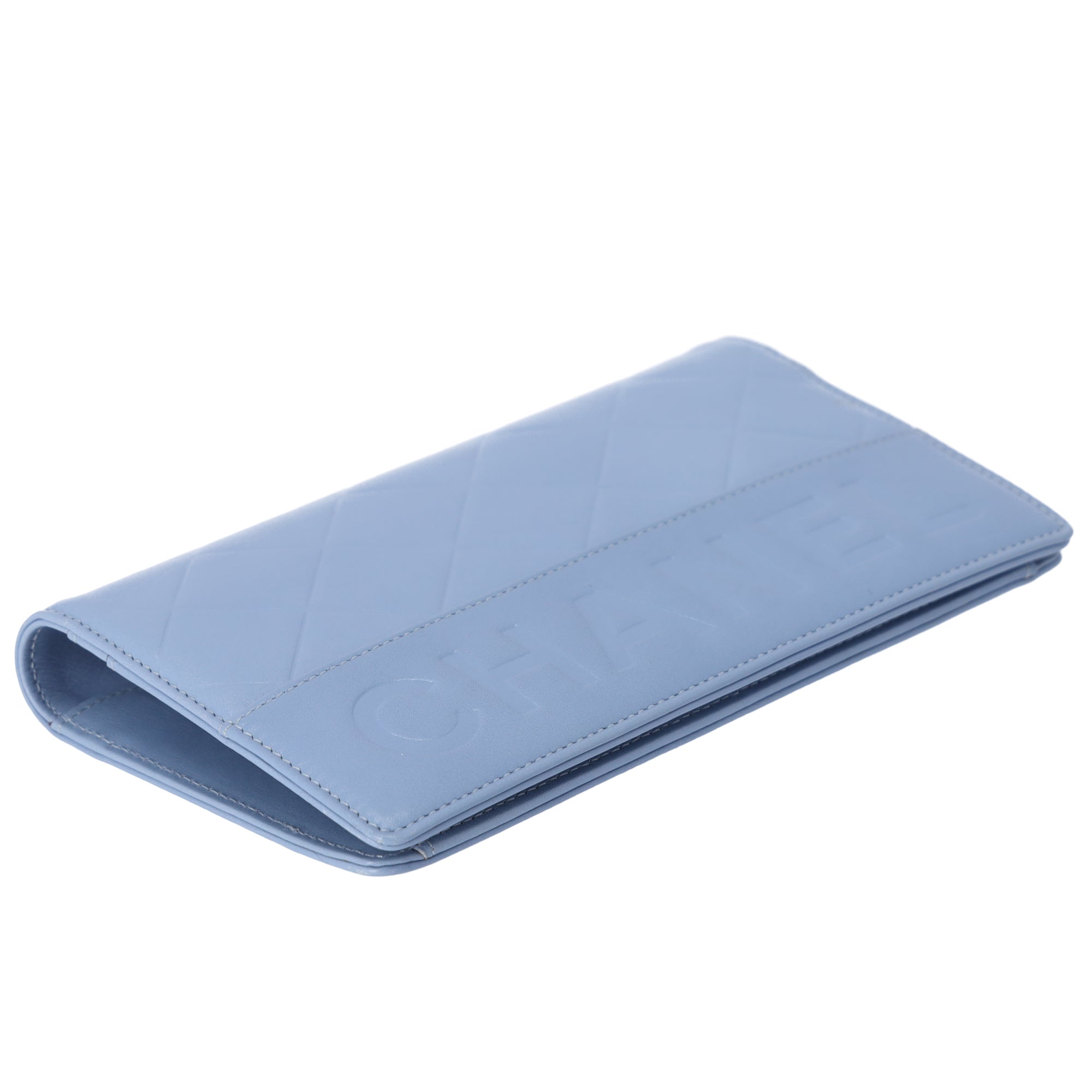 CHANEL Long Bifold Wallet Light Blue Leather Logo
