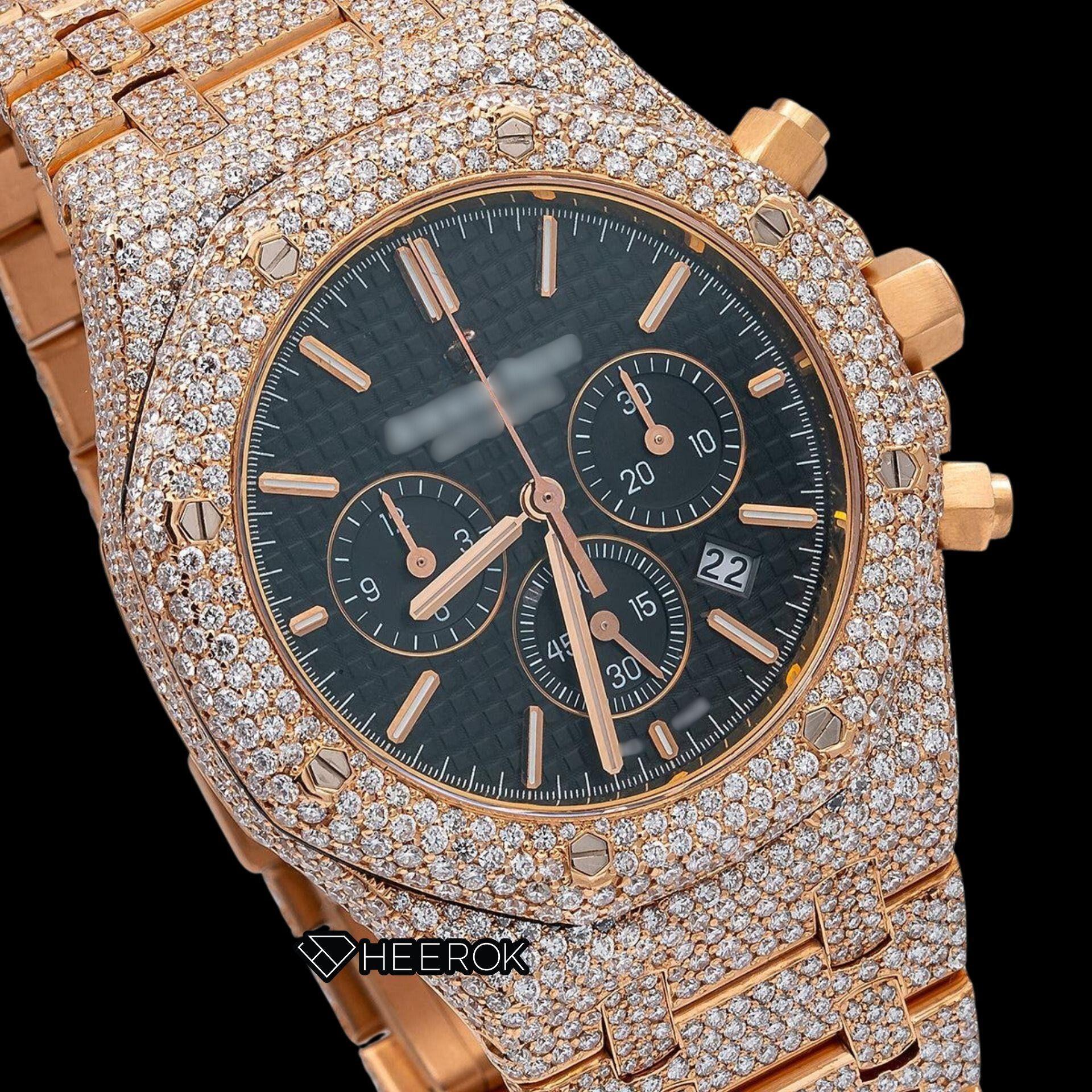 AP Royal Oak Chronograph Black Dial Stick Markers Diamond Bezel Fully Iced Out Rose Gold Moissanite Watch