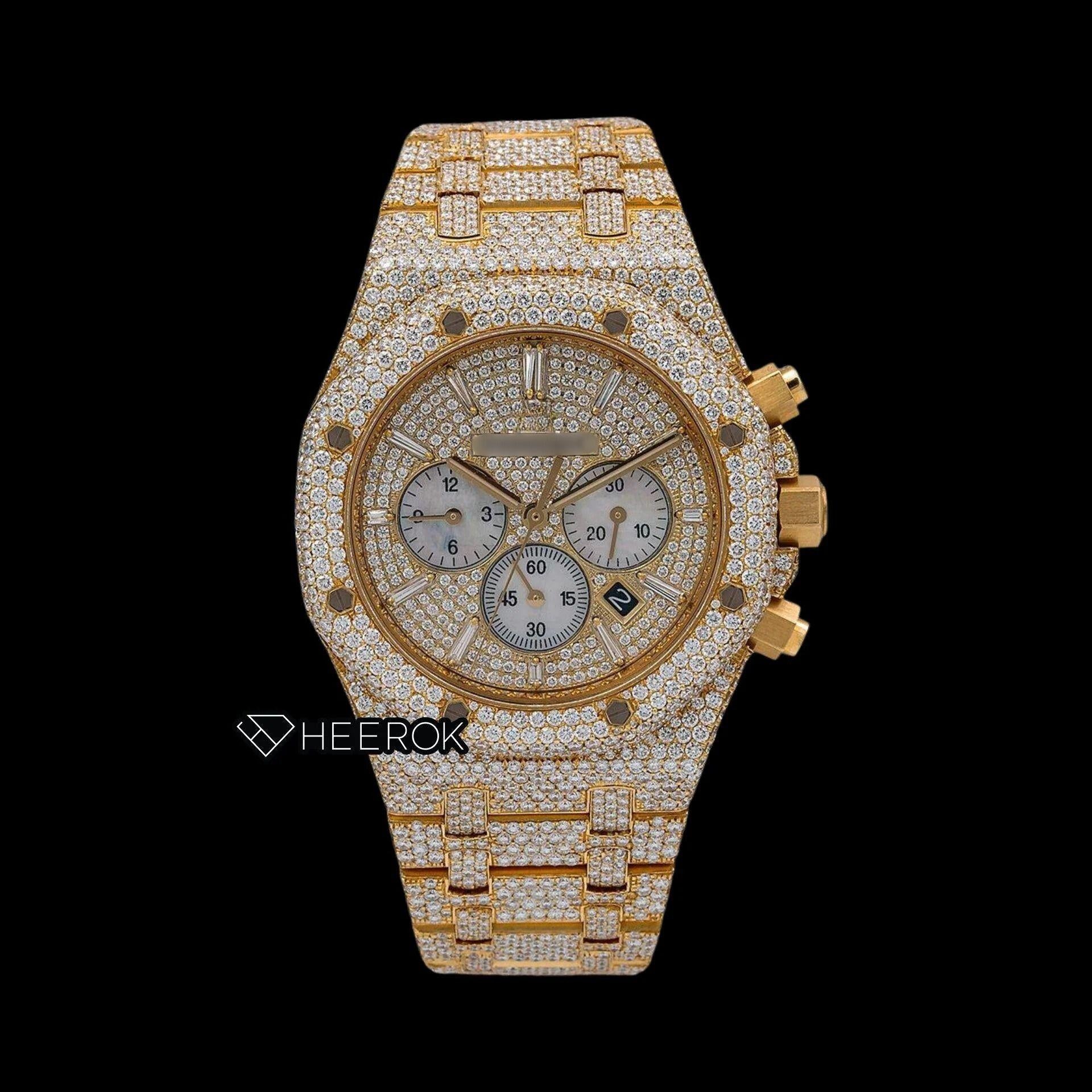 AP Royal Oak Chronograph Full Pave Diamond Dial Baguette Diamond Markers Diamond Bezel Yellow Gold Fully Iced Out Moissanite Watch
