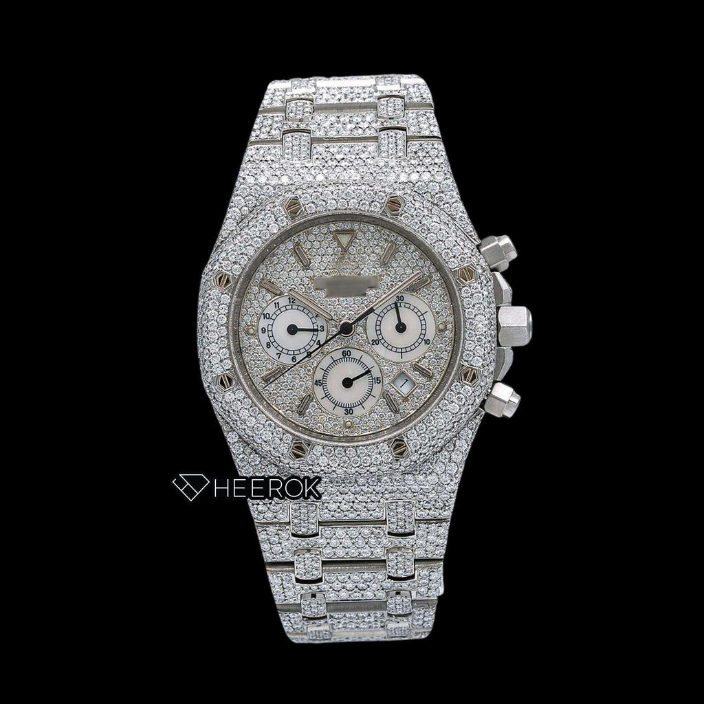 AP Royal Oak Chronograph Full Pave Diamond Dial Stick Markers Diamond Bezel Fully Iced Out Moissanite Watch