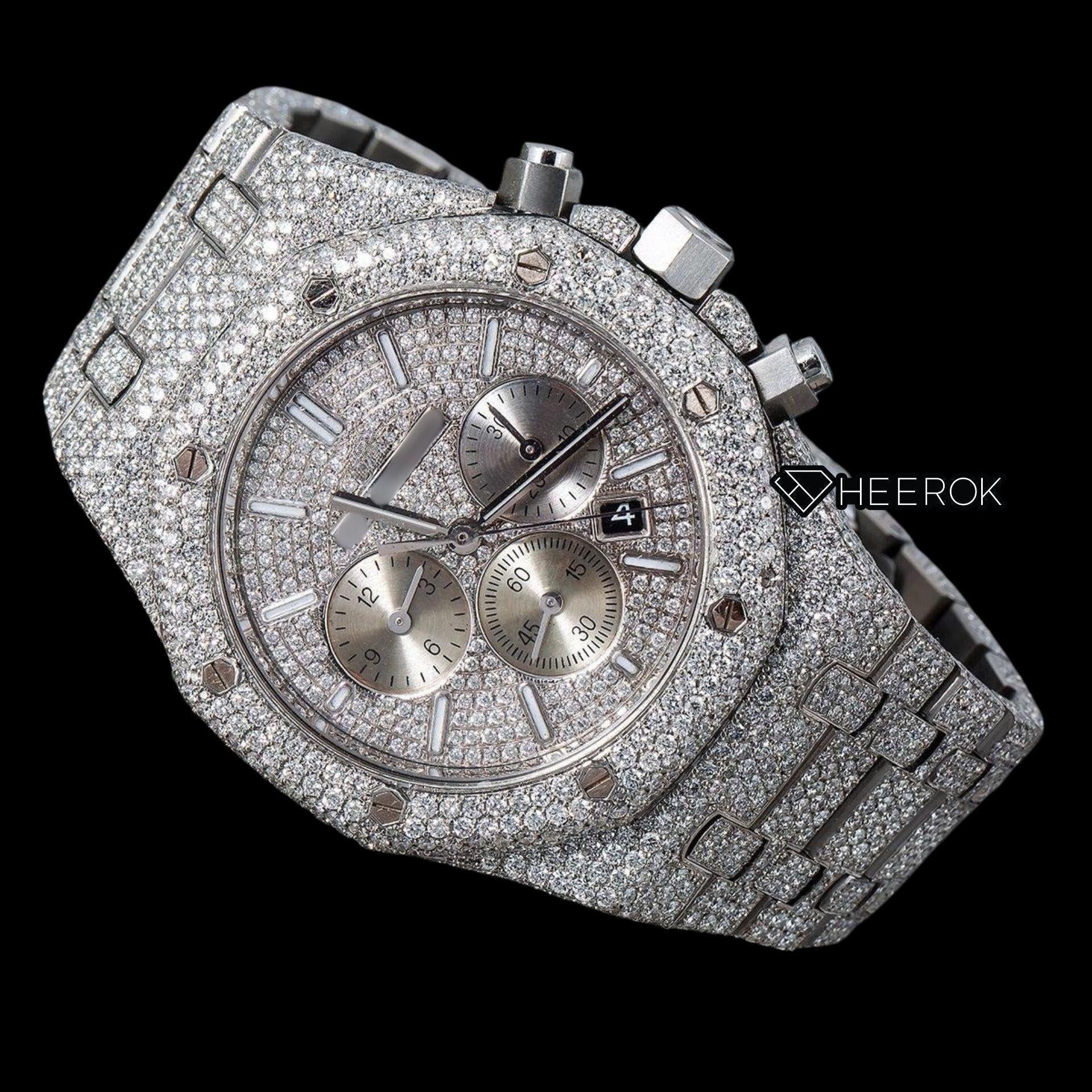 AP Royal Oak Chronograph Full Pave Diamond Dial White Stick Markers Diamond Bezel Fully Iced Out Moissanite Watch
