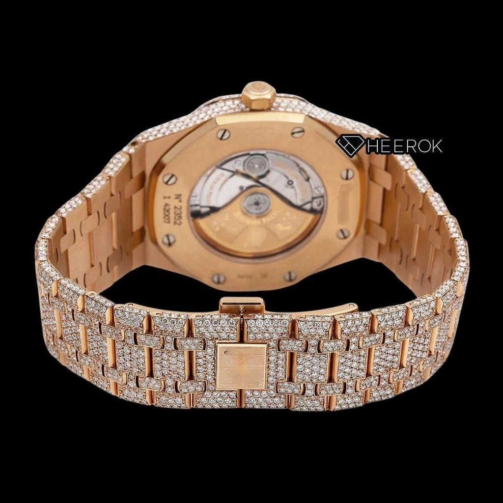 AP Royal Oak Full Pave Diamond Dial Black Arabic Numerals Diamond Bezel Fully Iced Out Rose Gold Moissanite Watch