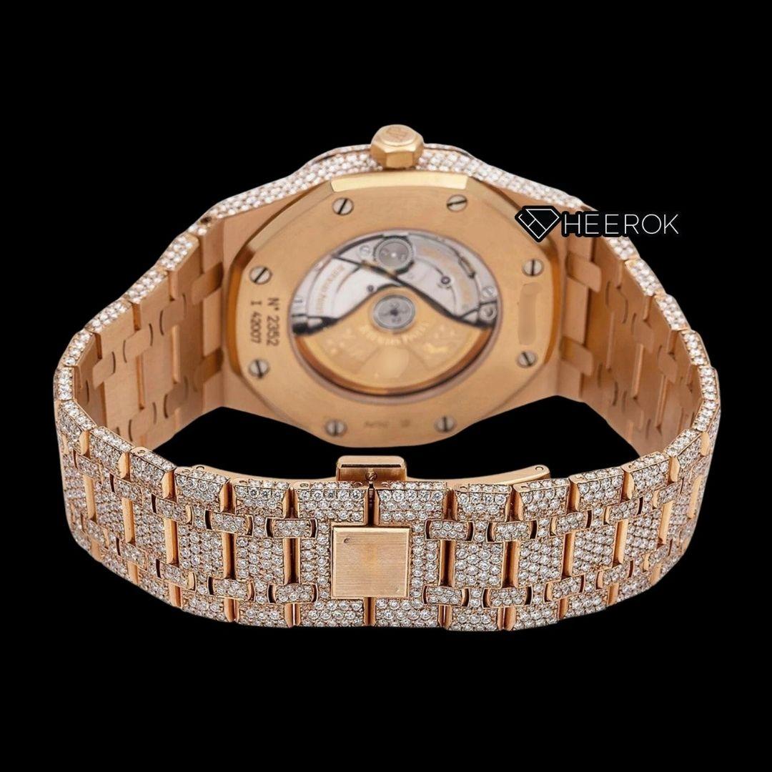 AP Royal Oak Full Pave Diamond Dial Black Arabic Numerals Diamond Bezel Fully Iced Out Rose Gold Moissanite Watch