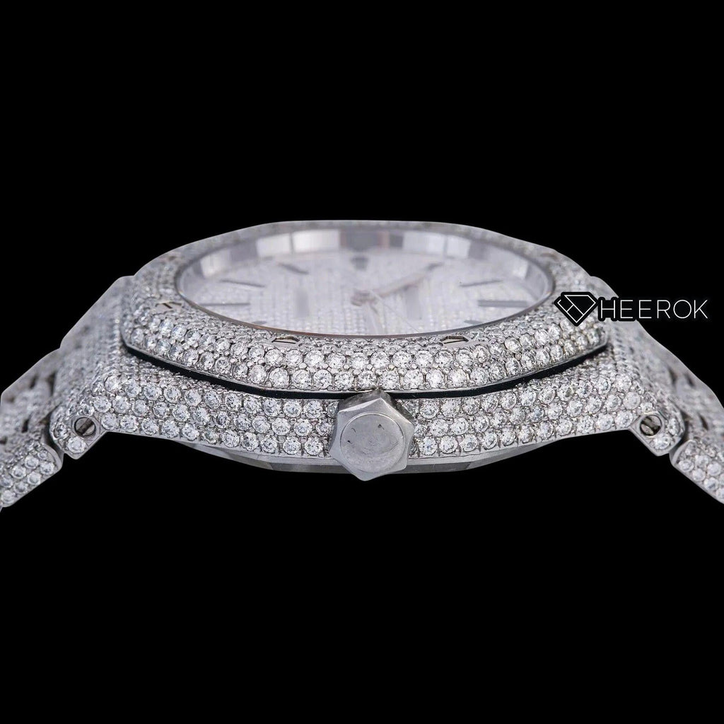 AP Royal Oak Full Pave Diamond Dial Black Stick Markers Diamond Bezel Fully Iced Out Moissanite Watch