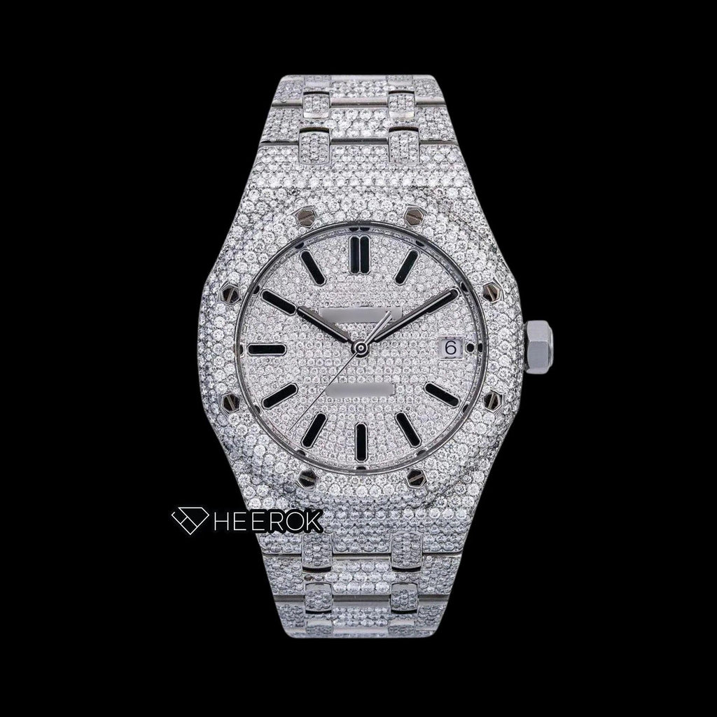 AP Royal Oak Full Pave Diamond Dial Black Stick Markers Diamond Bezel Fully Iced Out Moissanite Watch