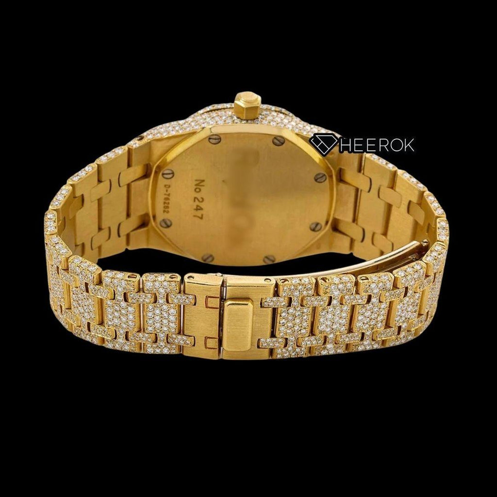 AP Royal Oak Full Pave Diamond Dial Stick Markers Yellow Gold Diamond Bezel Fully Iced Out Yellow Gold Moissanite Watch For Women