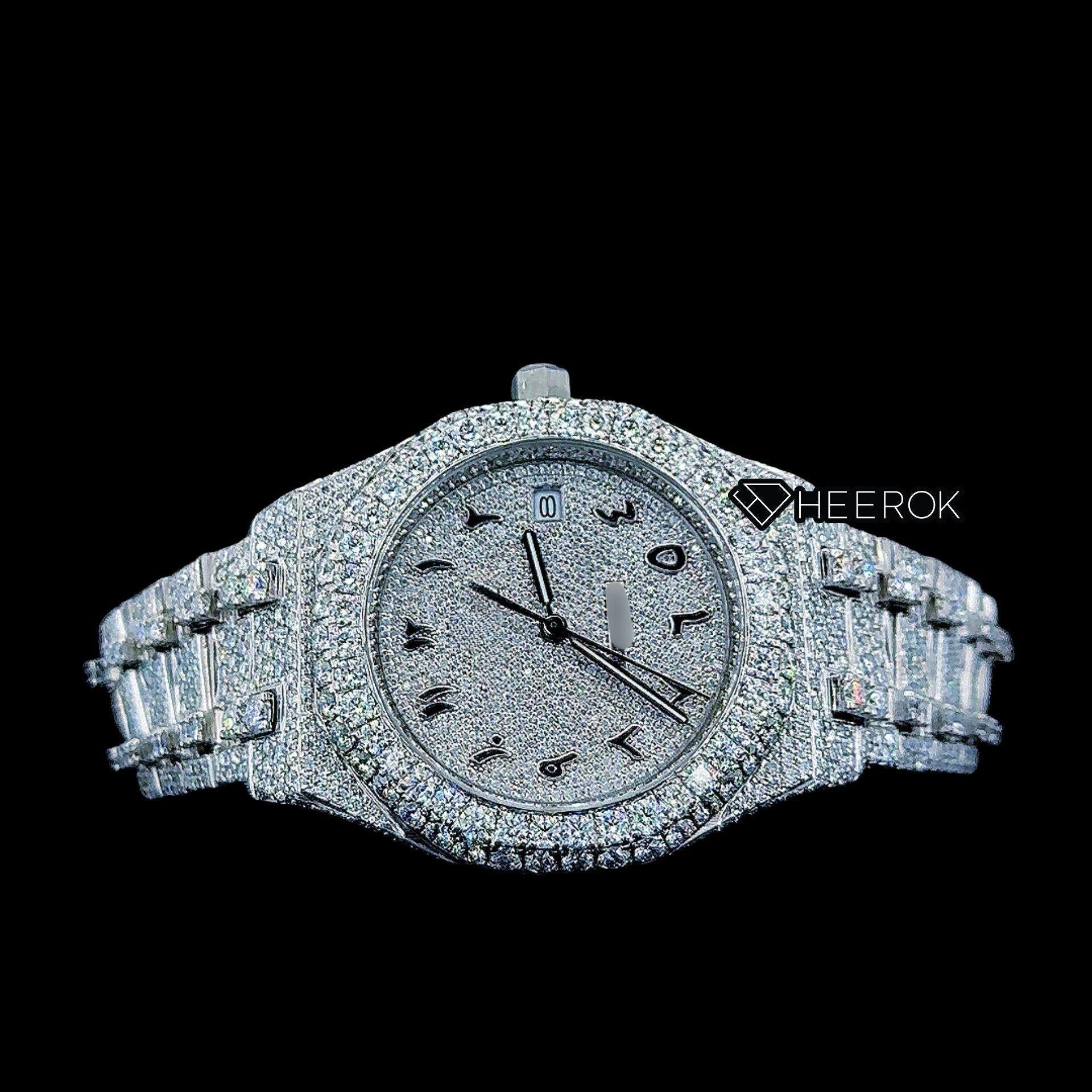 AP Royal Oak Fully Iced Out White Dial Black Arabic Numerals Diamond Bezel Moissanite Diamond Bracelet