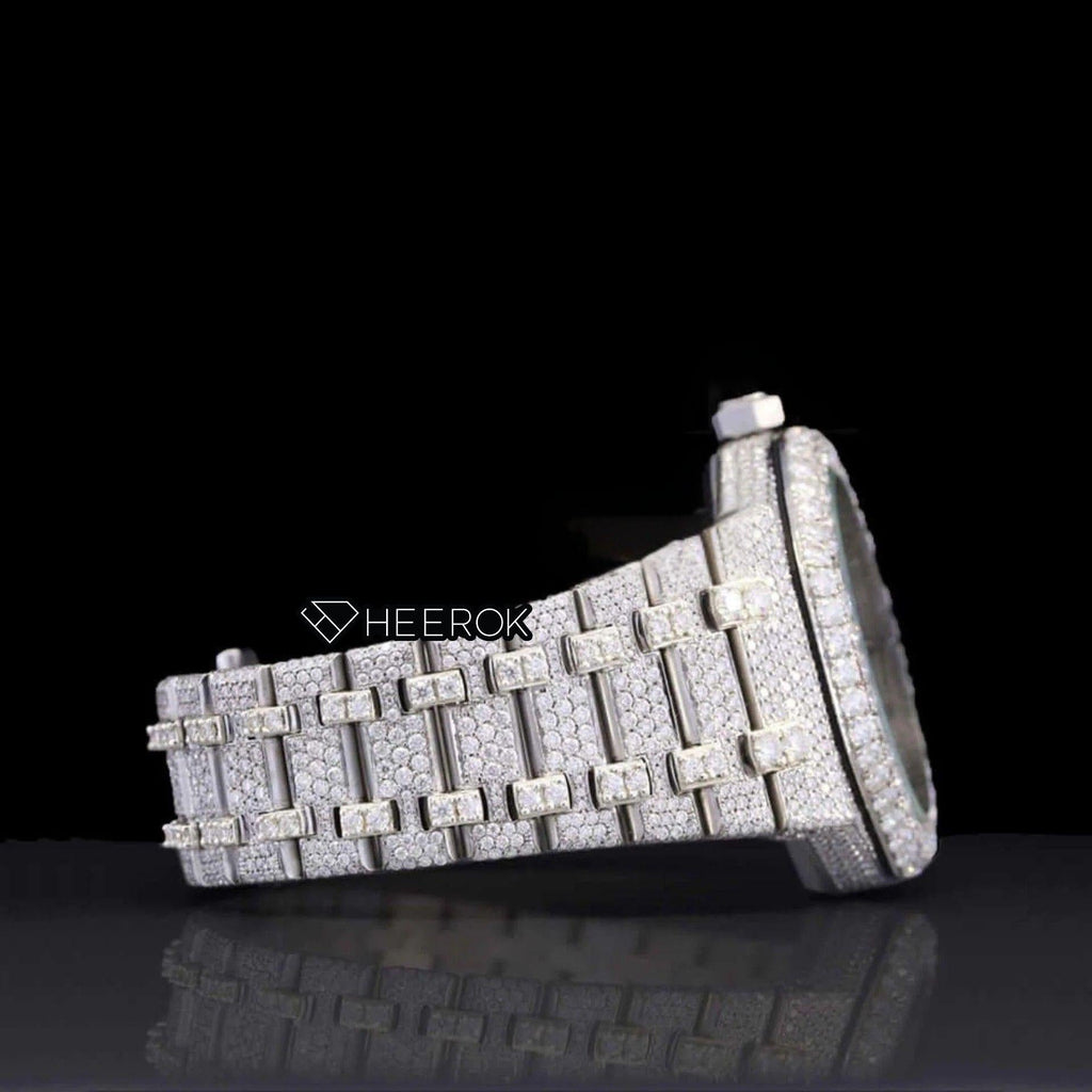 AP Royal Oak Fully Iced Out White Dial Stick Markers Large Round Diamond Bezel Moissanite Diamond