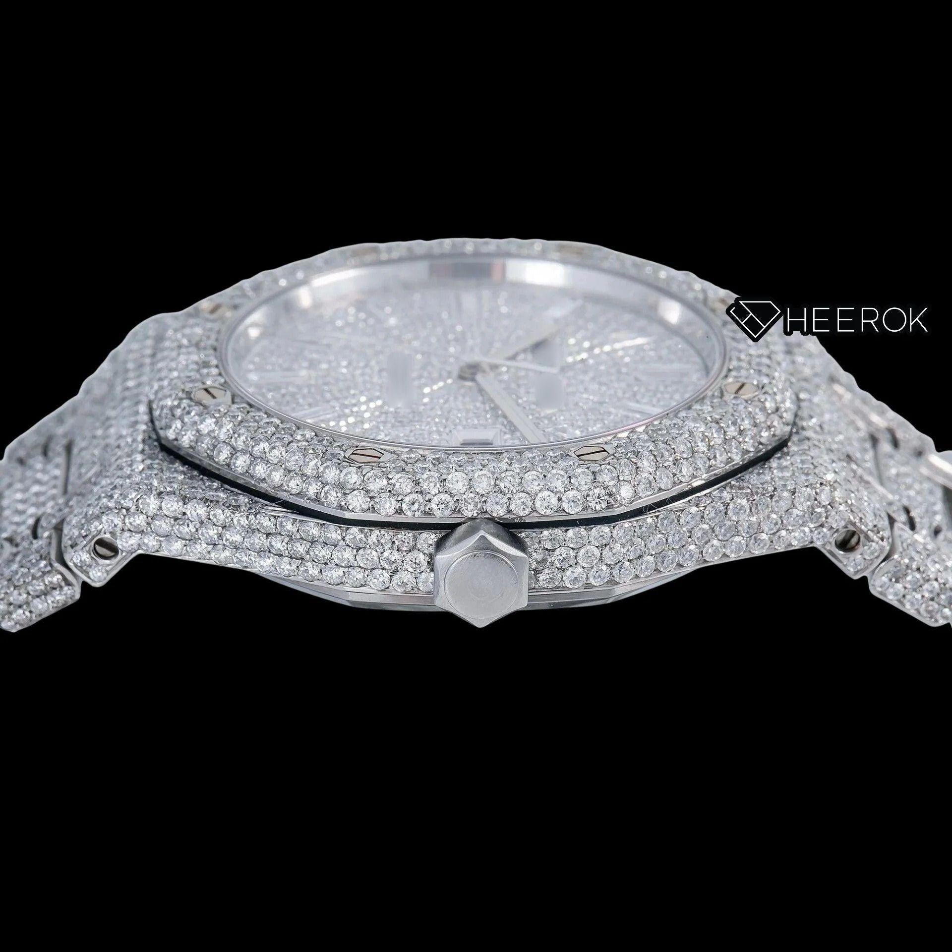AP Royal Oak Fully Iced White Dial Baguette Diamond Markers Diamond Bezel Moissanite Diamond Watch