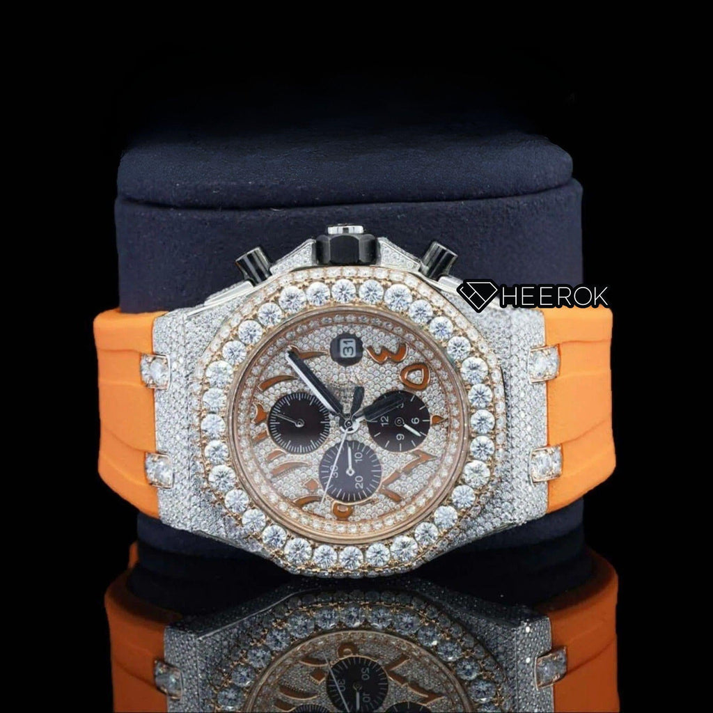 AP Royal Oak Offshore Arabic Numerals Chronograph White Dial Diamond Bezel Moissanite Diamond Orange Rubber Strap
