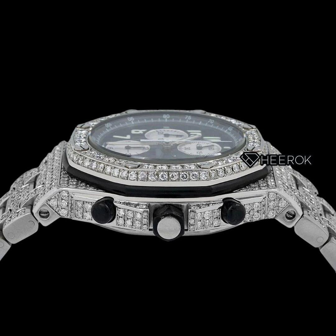AP Royal Oak Offshore Chronograph Black Dial White Standard Numerals Diamond Bezel Fully Iced Out Moissanite Watch