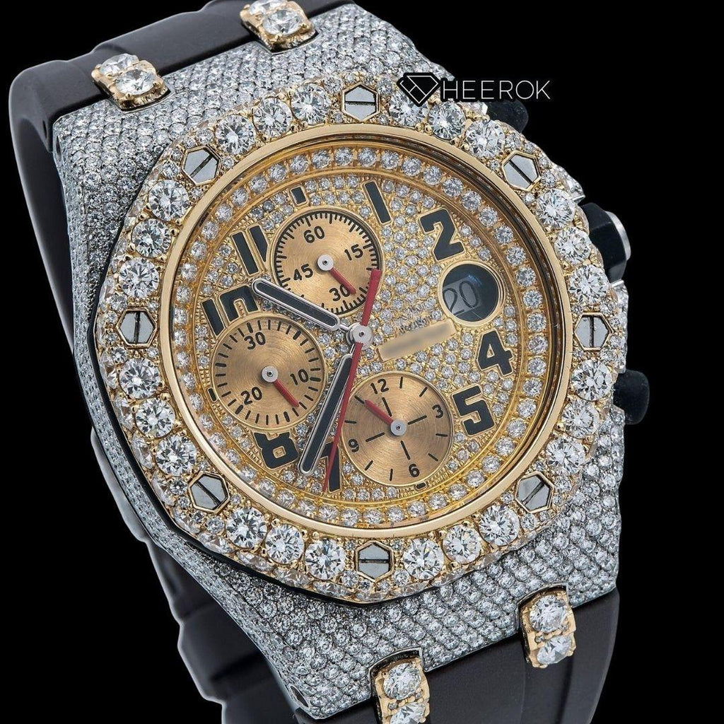 AP Royal Oak Offshore Chronograph Diamond Dial Black Standard Numerals Large Round Diamond Bezel Black Rubber Strap Semi Iced Out Moissanite Watch
