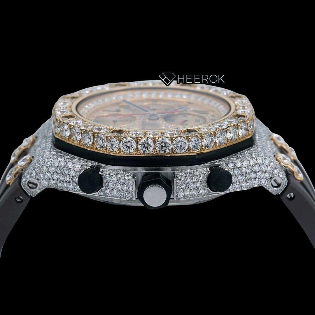 AP Royal Oak Offshore Chronograph Diamond Dial Black Standard Numerals Large Round Diamond Bezel Black Rubber Strap Semi Iced Out Moissanite Watch