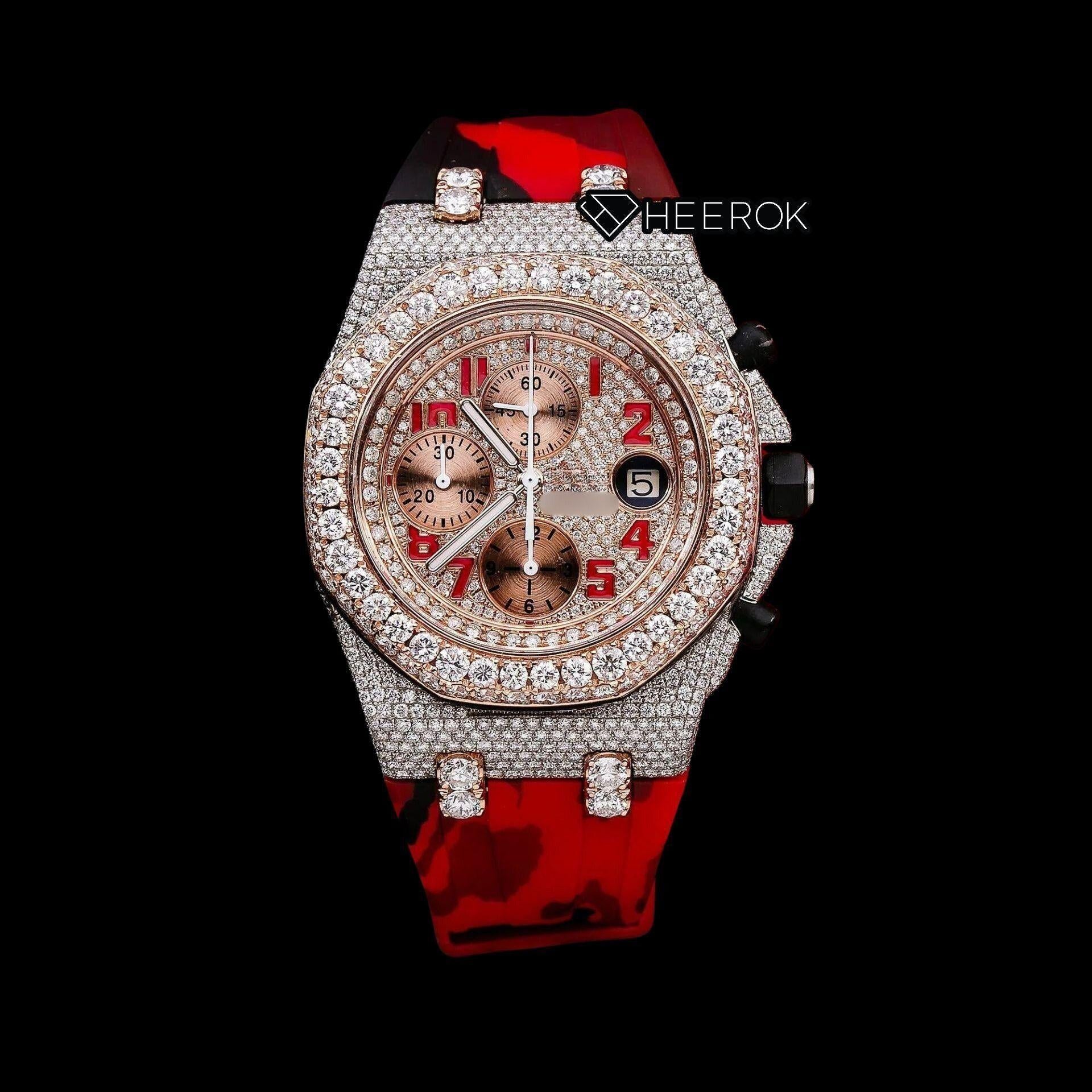 AP Royal Oak Offshore Chronograph Diamond Dial Standard Numerals Large Round Diamond Rose Gold Bezel Red Black Camouflage Rubber Strap Semi Iced Out Moissanite Watch