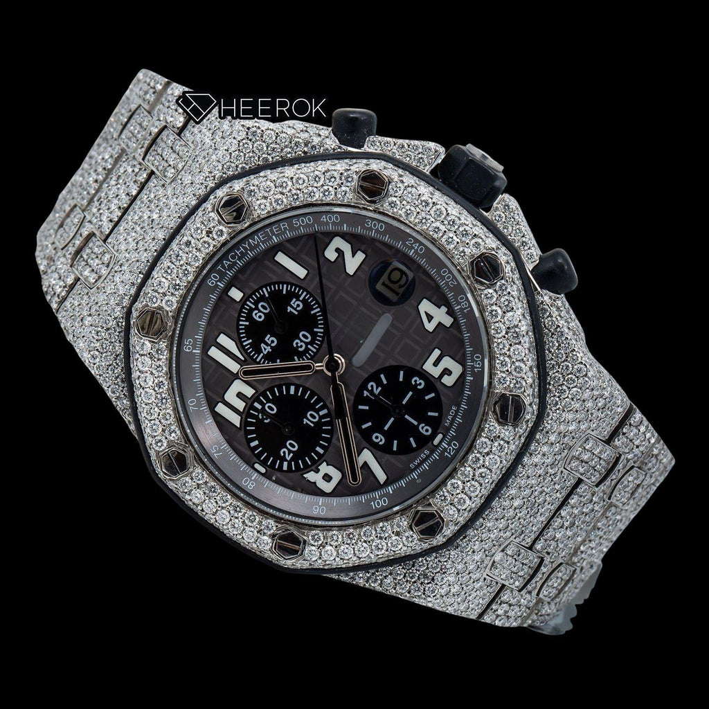 AP Royal Oak Offshore Chronograph Grey Dial White Standard Numerals Diamond Bezel Fully Iced Out Moissanite Watch