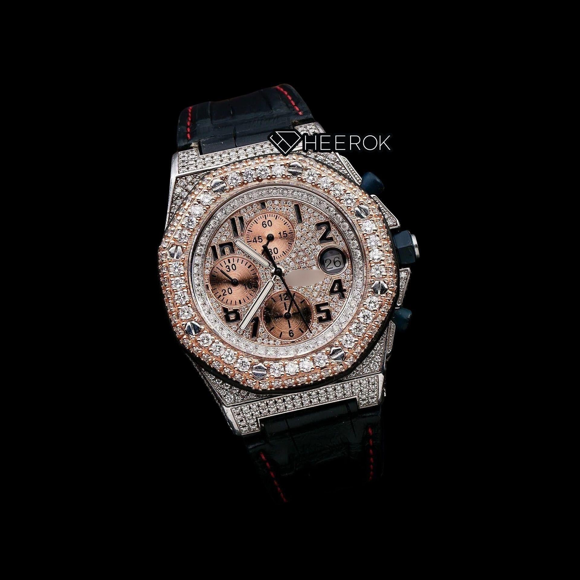 AP Royal Oak Offshore Chronograph Pave Diamond Dial Black Standard Numerals Rose Gold Diamond Bezel Black Leather Strap Semi Iced Out Moissanite Watch