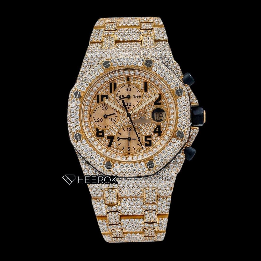 AP Royal Oak Offshore Chronograph Pave Diamond Dial Black Standard Numerals Yellow Gold Diamond Bezel Fully Iced Out Yellow Gold Moissanite Watch