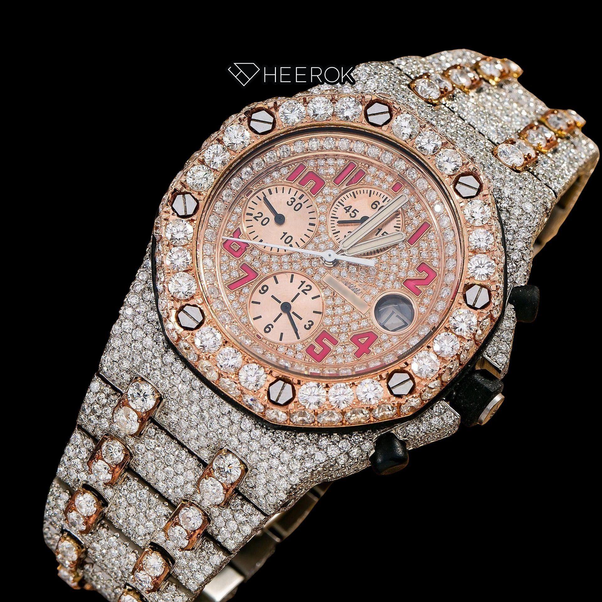 AP Royal Oak Offshore Chronograph Rose Gold Dial Red Standard Numerals Diamond Bezel Fully Iced Two Tone Rose Gold Moissanite Diamond Watch