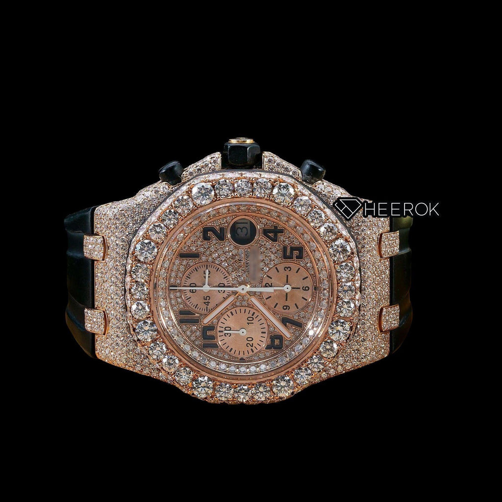 AP Royal Oak Offshore Chronograph  Rose Gold Dial Standard Numerals Diamond Bezel Black Rubber Strap Semi Iced Moissanite Diamond Watch