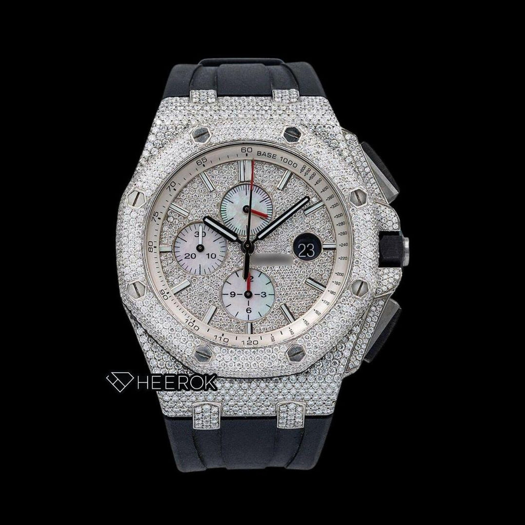AP Royal Oak Offshore Chronograph Stick Markers Pave Diamond Dial Diamond Bezel Black Rubber Strap Semi Iced Out Moissanite Watch