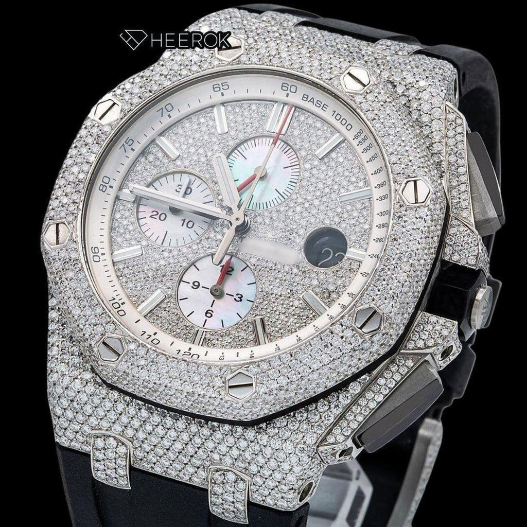 AP Royal Oak Offshore Chronograph Stick Markers Pave Diamond Dial Diamond Bezel Black Rubber Strap Semi Iced Out Moissanite Watch