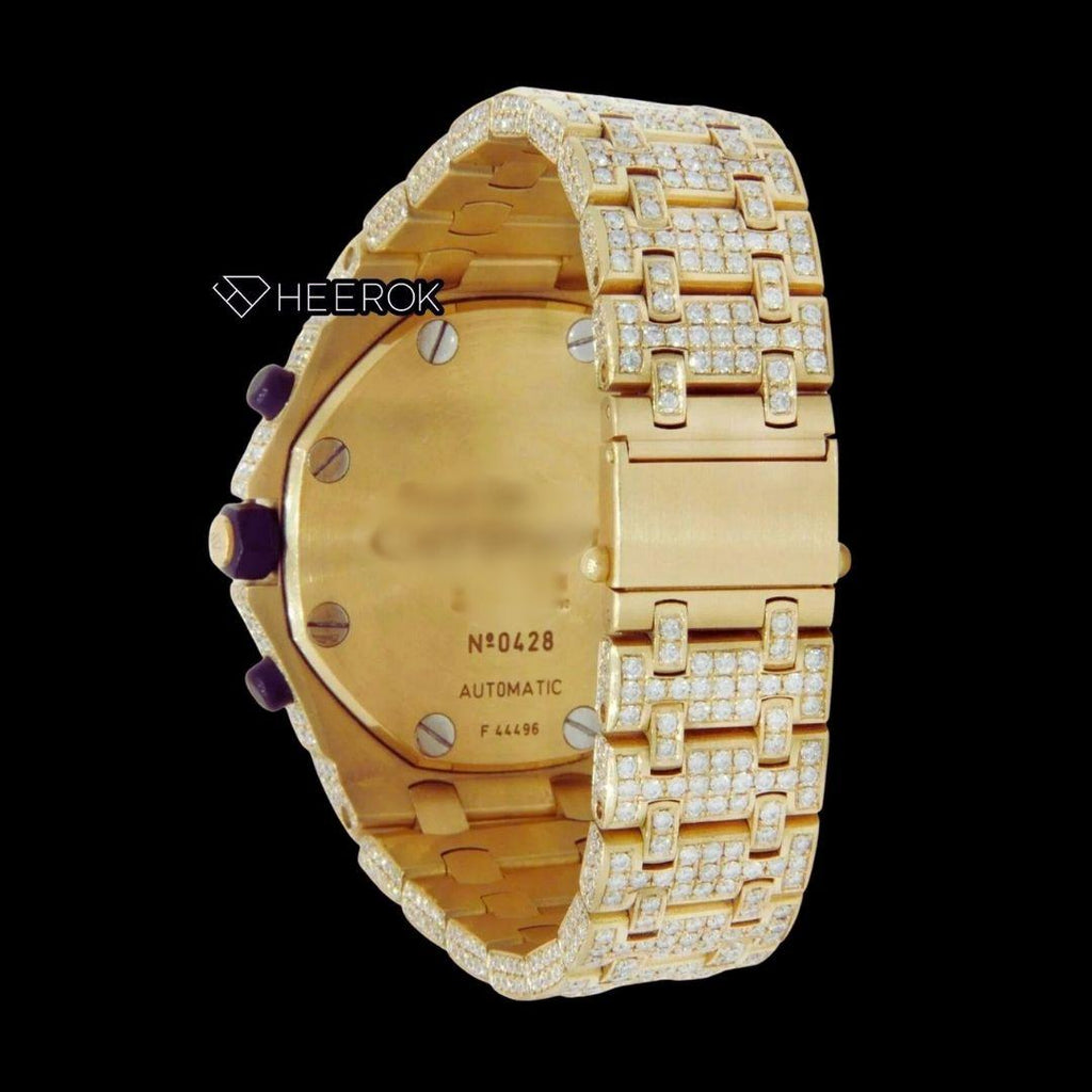 AP Royal Oak Offshore Chronograph Yellow Diamond Dial Standard Numerals Large Round Diamond Yellow Gold Bezel Fully Iced Out Moissanite Watch