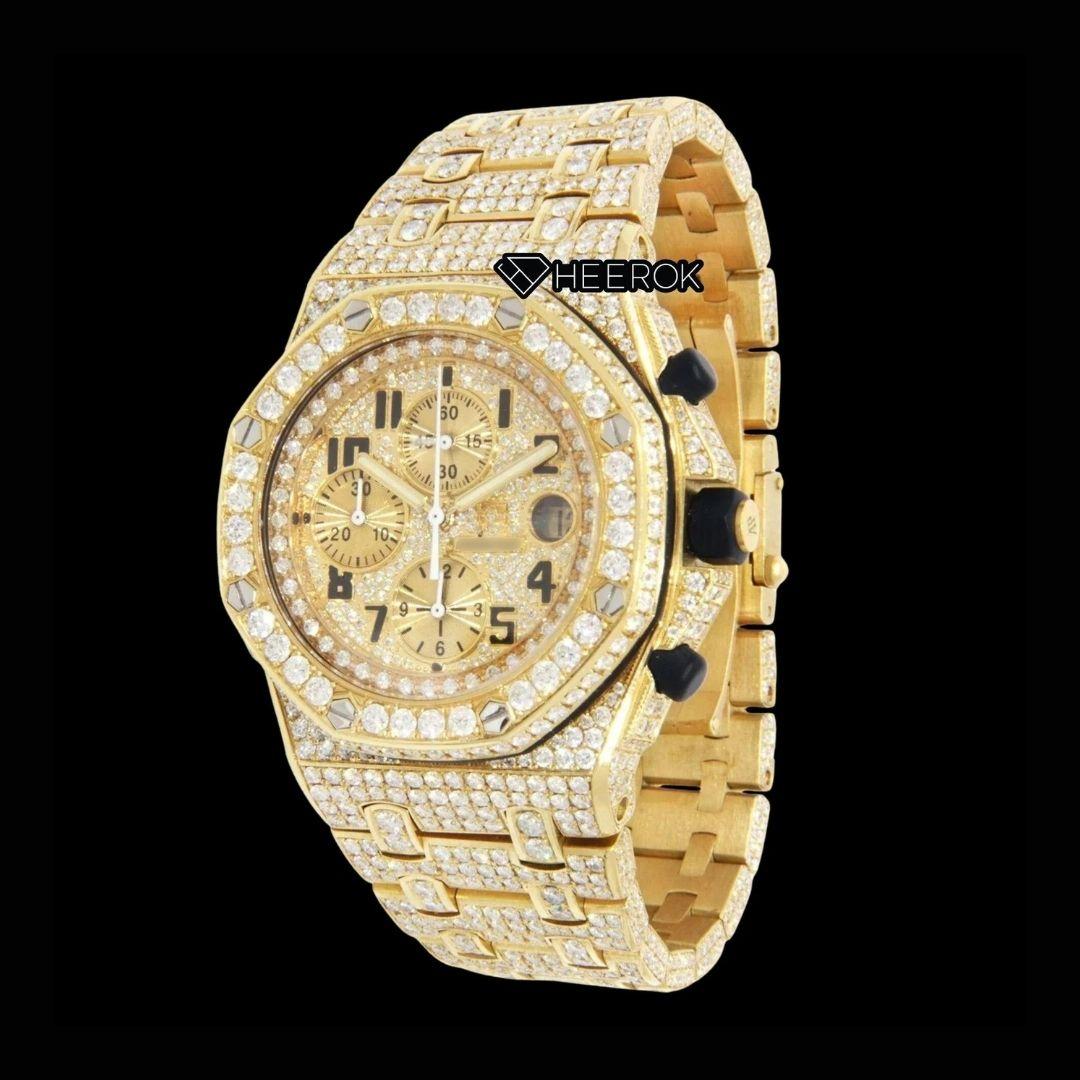 AP Royal Oak Offshore Chronograph Yellow Diamond Dial Standard Numerals Large Round Diamond Yellow Gold Bezel Fully Iced Out Moissanite Watch
