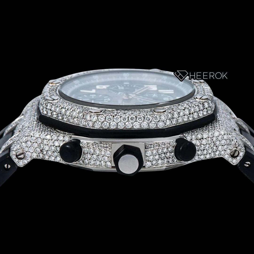 AP Royal Oak Offshore Standard Numerals Chronograph Black Dial Diamond Bezel Black Rubber Strap Semi Iced Out Moissanite Watch