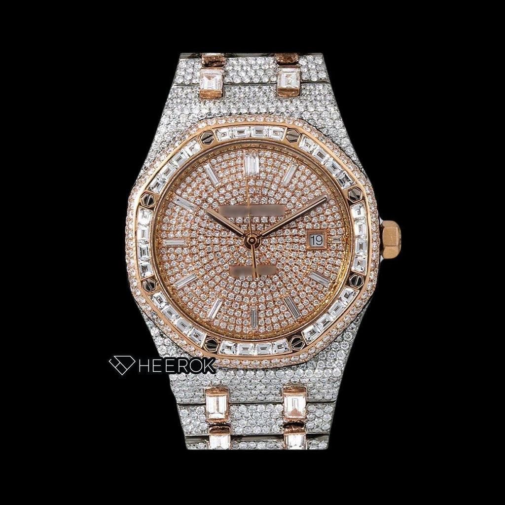 AP Royal Oak Pave Diamond Dial Baguette Diamond Markers Rose Gold Baguette Diamond Bezel Two Tone Fully Iced Out Moissanite Watch