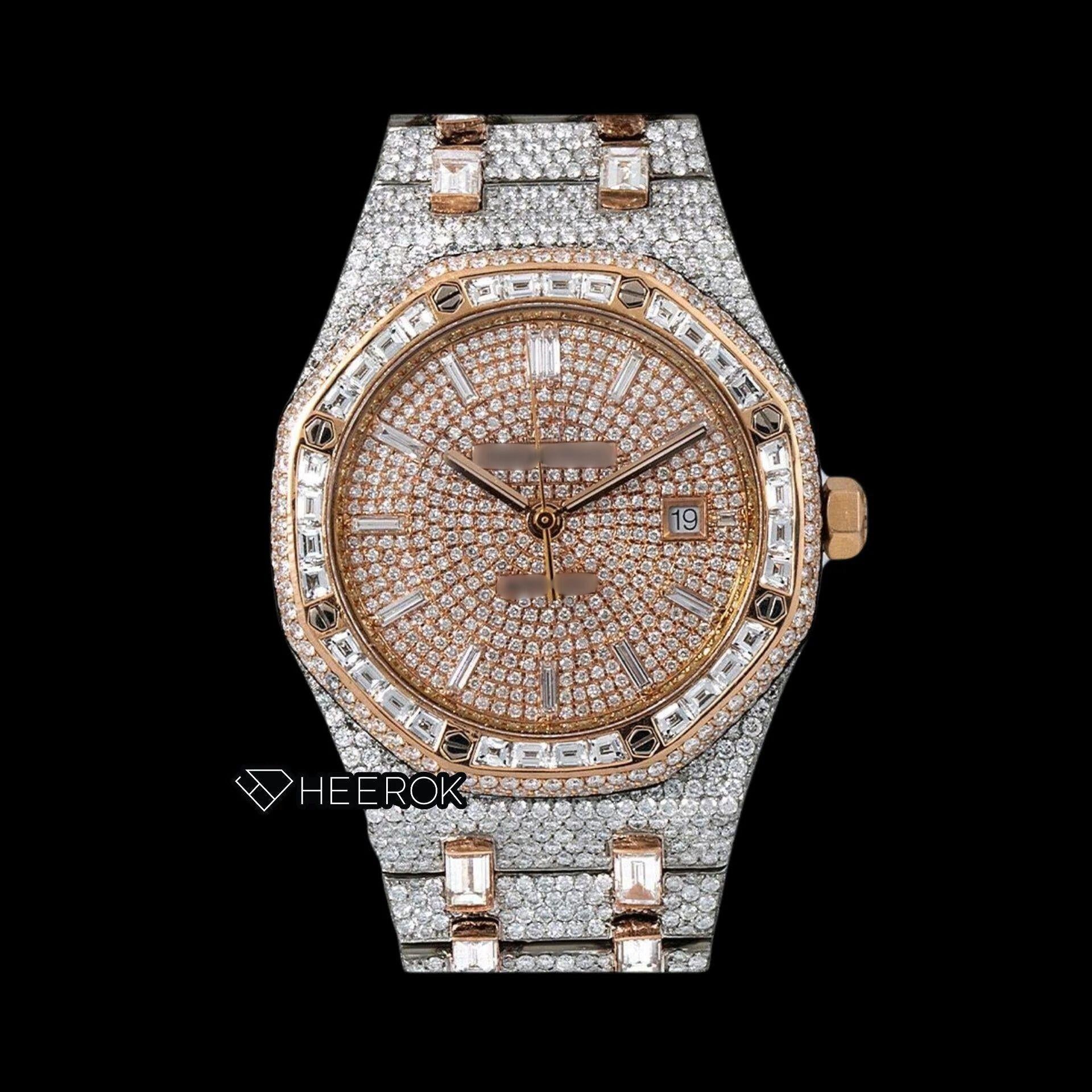 AP Royal Oak Pave Diamond Dial Baguette Diamond Markers Rose Gold Baguette Diamond Bezel Two Tone Fully Iced Out Moissanite Watch