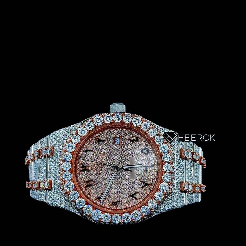 AP Royal Oak Rose Gold Dial Arabic Numerals Diamond Bezel Two Tone Rose Gold Moissanite Diamond Bracelet For Women