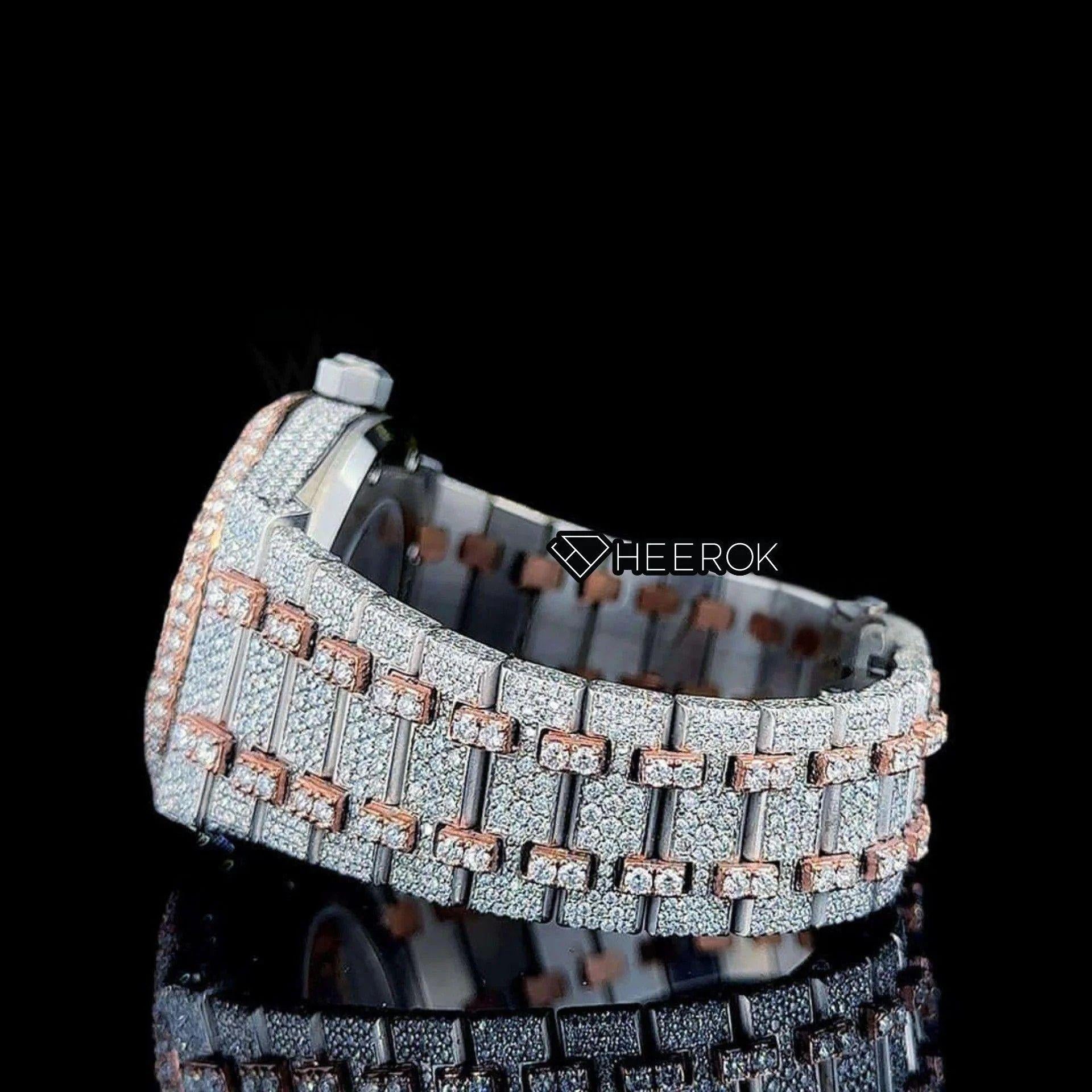 AP Royal Oak Rose Gold Dial Black Stick Markers Diamond Bezel Two Tone Rose Gold Moissanite Diamond Bracelet For Women