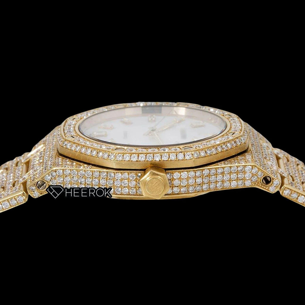 AP Royal Oak White Dial Baguette Diamond Markers Diamond Bezel Fully Iced Yellow Gold Moissanite Watch For Women