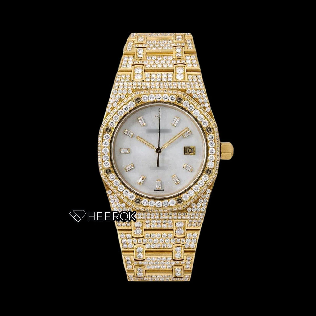AP Royal Oak White Dial Baguette Diamond Markers Diamond Bezel Fully Iced Yellow Gold Moissanite Watch For Women