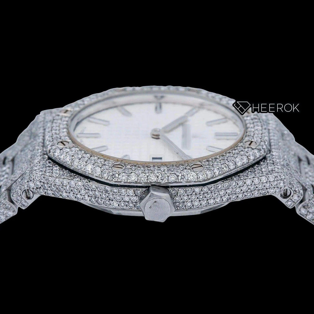 AP Royal Oak White Dial Stick Markers Diamond Bezel Bust Down Moissanite Diamond Watch For Women