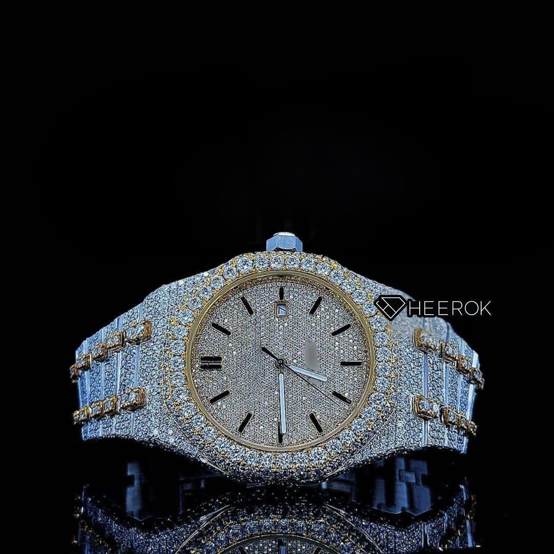 AP Royal Oak Yellow Dial Black Stick Markers Diamond Bezel Two Tone Yellow Gold Moissanite Diamond