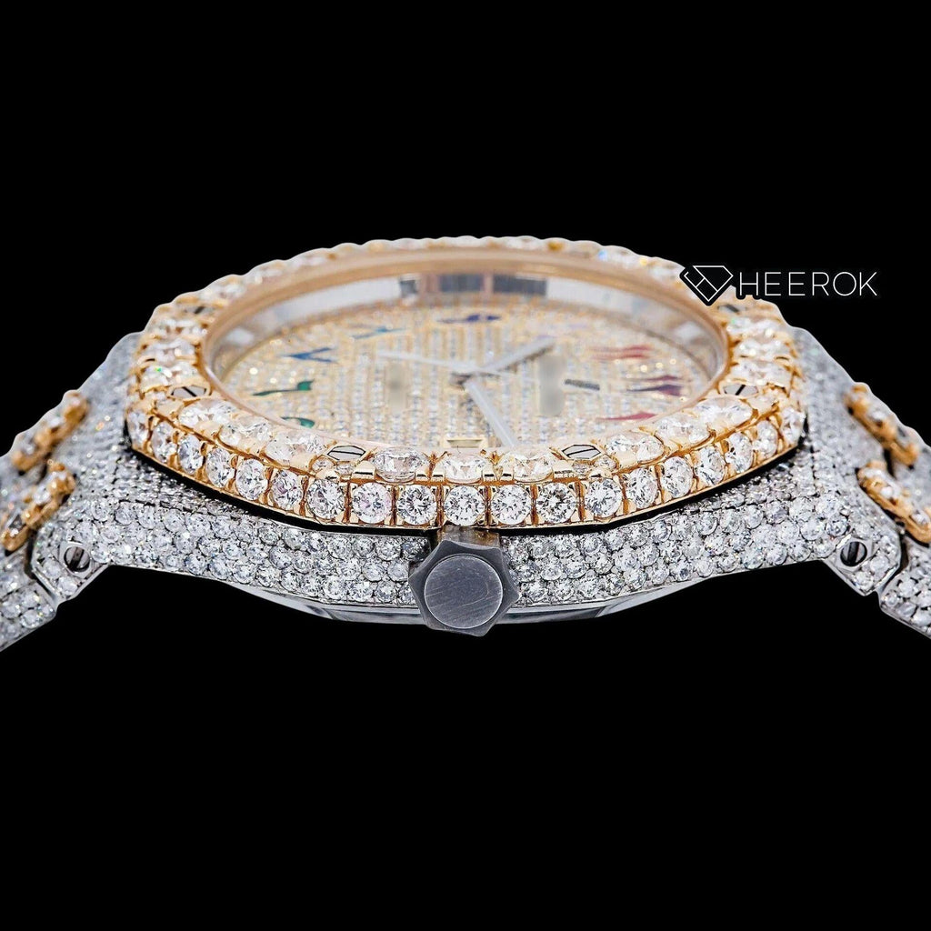 AP Royal Oak Yellow Gold Dial Multicolor Arabic Numerals Large Round Diamond Bezel Two Tone Yellow Gold Moissanite Diamond Watch