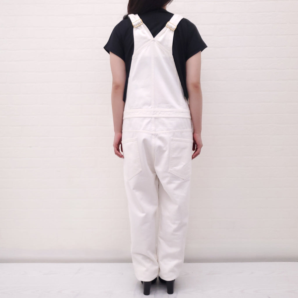 BALMAIN UNISEX WHITE DENIM OVERALLS WITH GOLD LOGO BUTTONS - SIZE 32/L