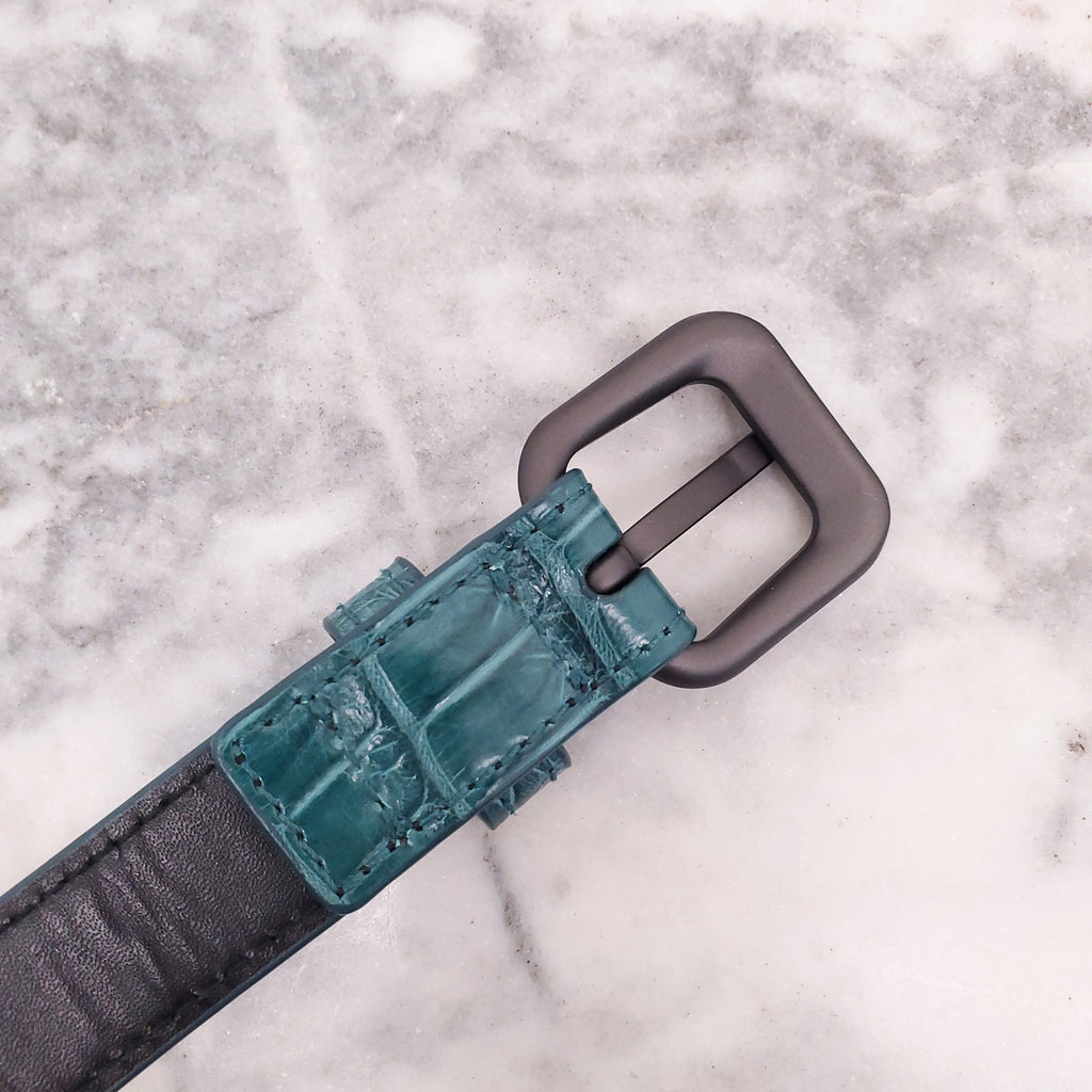 BOTTEGA VENETA GREEN SNAKESKIN BELT WITH SILVER DETAIL - SIZE 65