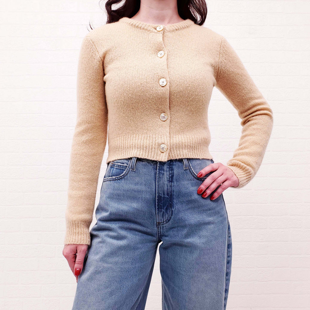 CELINE YELLOW CASHMERE CARDIGAN WITH TRIOMPHE LOGO - SIZE XS