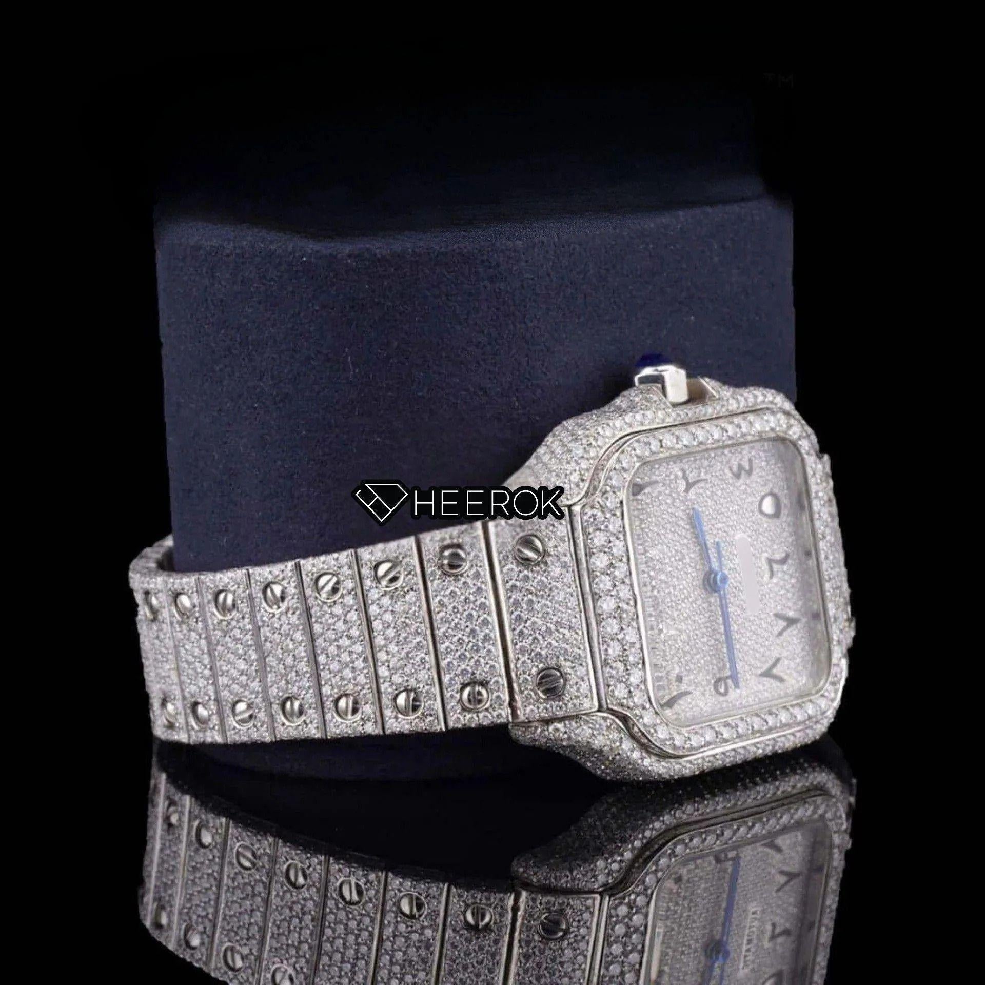Cartier Santos Black Arabic Numerals White Dial Diamond Bezel Fully Iced Moissanite Diamond